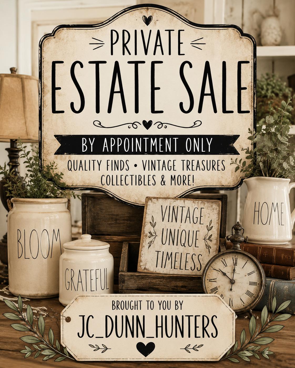 JC Dunn Hunters private estate sale artwork with vintage treasures and Rae Dunn-style pottery