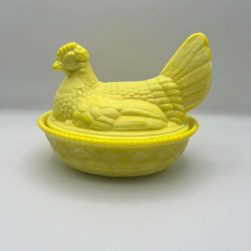 Yellow vintage hen dish in normal light